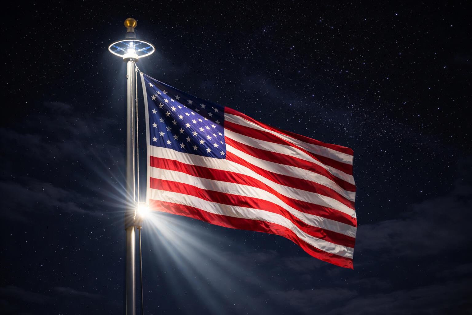 american flag illuminated by solar flag pole light at night american flag illuminated by solar flag pole light at night